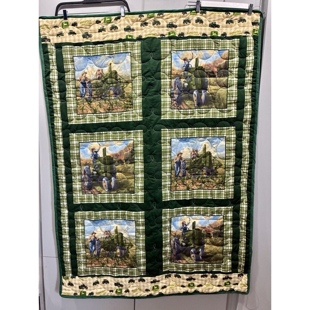 Handmade John Deere Patchwork Quilt Farm Tractor Baby Toddler Lap Blanket 43x60